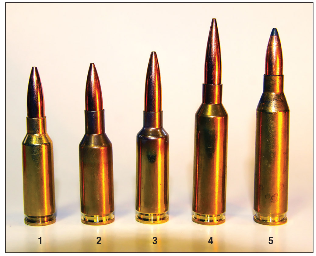 Shown for size comparison: (1) 6mm ARC, (2) 6mm BR Norma, (3) 6mm Dasher under discussion, (4) 6mm Creedmoor and (5) 243 Winchester.